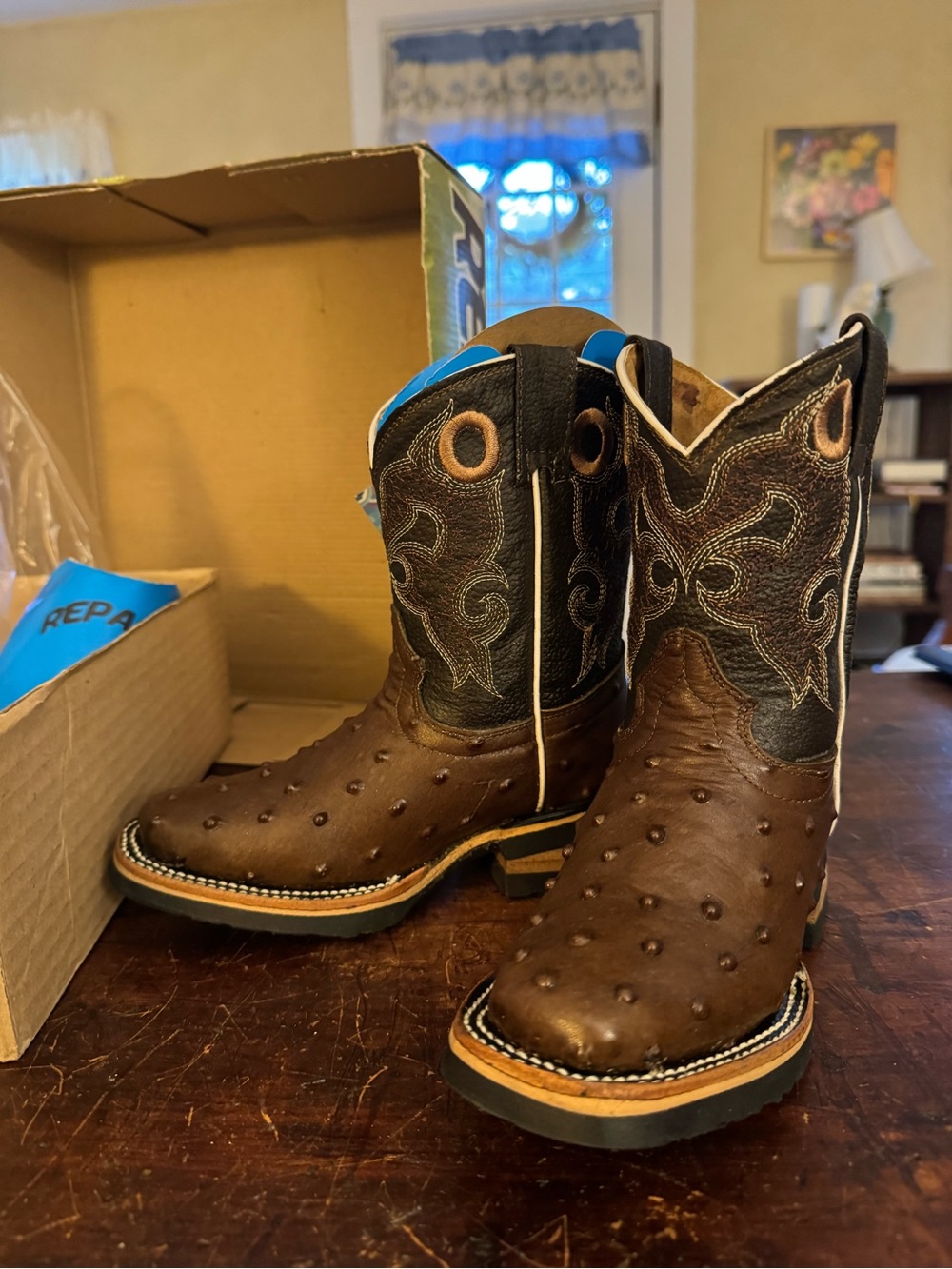 Kids Brown and Black Western-Style Cowboy Boots with Decorative Stitching